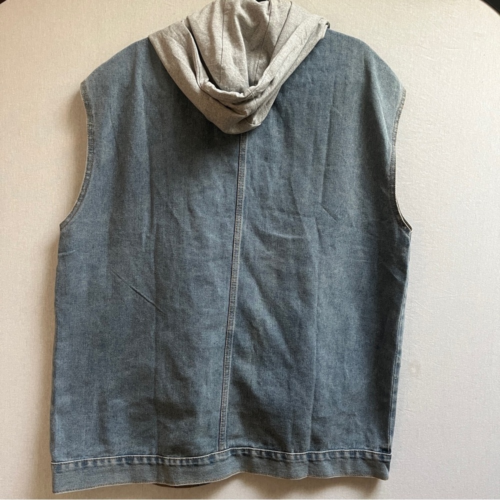 Oversized Light Wash Denim Vest Detachable Gray Hood M - Picture 4 of 8